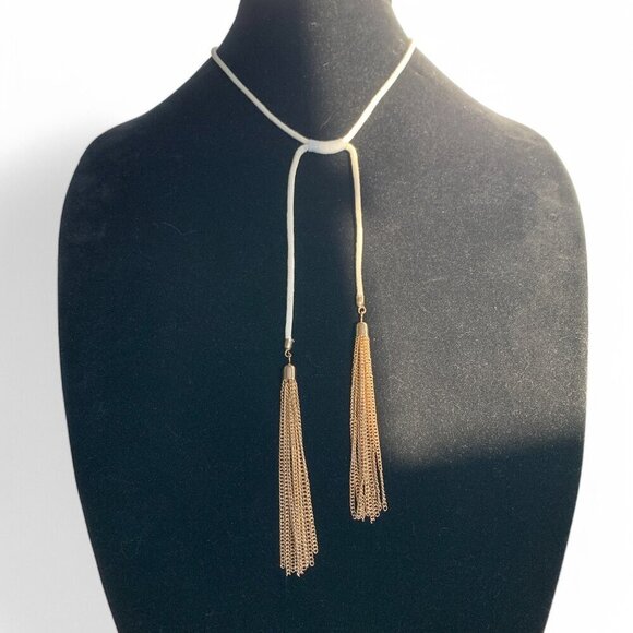 White Rope Gold-Tone Lariat Necklace Gold Tassel Chain Ends & Adjustable Closure - Picture 4 of 10